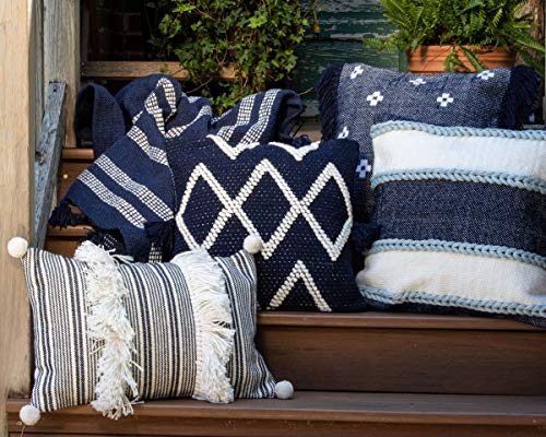 Foreside Home & Garden FIPL09258 Blue Decorative Throw Striped Woven 14x22 Outdoor Pillow w/Hand Tied Tassel Poms