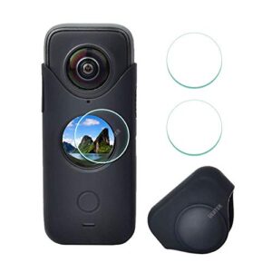 screen protector for insta360 one x2 + black rubber sleeve,ulbter silicone protective case for insta 360 one x2 panoramic action camera accessory