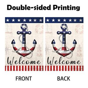 WODISON Patriotic 4th of July Memorial Day Garden Flag, American Anchor Vertical Double Sided Burlap Welcome Flag, Outdoor Decoration For Yard Home 12 x 18 Inch (ONLY FLAG)