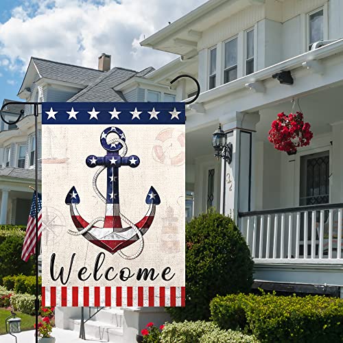 WODISON Patriotic 4th of July Memorial Day Garden Flag, American Anchor Vertical Double Sided Burlap Welcome Flag, Outdoor Decoration For Yard Home 12 x 18 Inch (ONLY FLAG)