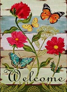 furiaz decorative welcome spring vintage flower small garden flag double sided, home floral burlap zinnia butterfly outside house yard decoration, summer seasonal outdoor décor flag 12.5 x 18