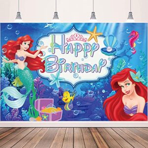 Mermaid Happy Birthday Backdrop, Under The Sea Little Mermaid Birthday Party Supplies for Girls Ariel Mermaid Princess Party Decorations Happy Birthday Banner Cartoon Theme Party Decorations