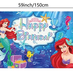 Mermaid Happy Birthday Backdrop, Under The Sea Little Mermaid Birthday Party Supplies for Girls Ariel Mermaid Princess Party Decorations Happy Birthday Banner Cartoon Theme Party Decorations