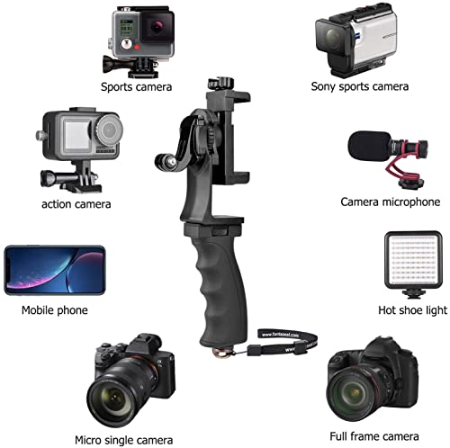 2in1 Ergonomic Portable Action Camera+Smartphone SYN Hand Grip Stabilizer Combo Mount Video Vlogging Rig Holder Kit for GoPro iPhone Interview Travel YouTube Tiktok Streaming-Mic+Light Adapter