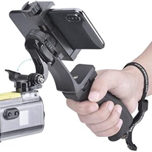 2in1 Ergonomic Portable Action Camera+Smartphone SYN Hand Grip Stabilizer Combo Mount Video Vlogging Rig Holder Kit for GoPro iPhone Interview Travel YouTube Tiktok Streaming-Mic+Light Adapter