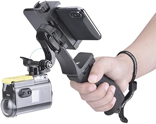 2in1 Ergonomic Portable Action Camera+Smartphone SYN Hand Grip Stabilizer Combo Mount Video Vlogging Rig Holder Kit for GoPro iPhone Interview Travel YouTube Tiktok Streaming-Mic+Light Adapter