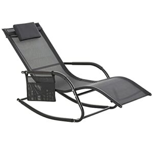 outsunny outdoor rocking chair with breathable mesh fabric, patio porch chair with side pocket, sun lounge chair with detachable pillow for deck, garden, or pool, black