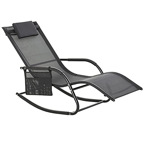 Outsunny Outdoor Rocking Chair with Breathable Mesh Fabric, Patio Porch Chair with Side Pocket, Sun Lounge Chair with Detachable Pillow for Deck, Garden, or Pool, Black