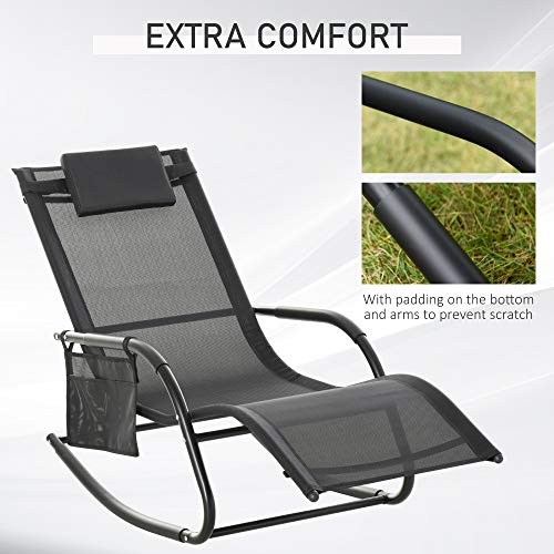 Outsunny Outdoor Rocking Chair with Breathable Mesh Fabric, Patio Porch Chair with Side Pocket, Sun Lounge Chair with Detachable Pillow for Deck, Garden, or Pool, Black
