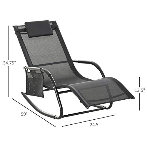 Outsunny Outdoor Rocking Chair with Breathable Mesh Fabric, Patio Porch Chair with Side Pocket, Sun Lounge Chair with Detachable Pillow for Deck, Garden, or Pool, Black