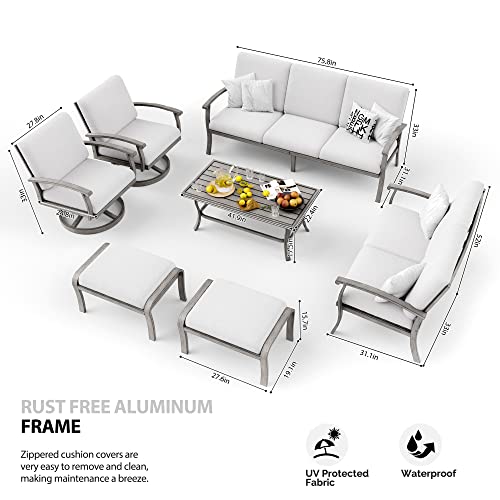 HAPPATIO 7 Piece Aluminum Patio Furniture Set, 3-Seat Outdoor Loveseat, All-Weather Outdoor Sectional Sofa with Ottomans and Coffee Table, Garden Conversation Set with Swivel Armchairs for Lawn (Gray)