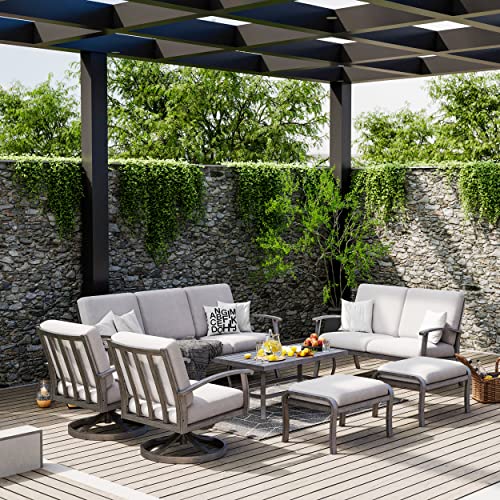 HAPPATIO 7 Piece Aluminum Patio Furniture Set, 3-Seat Outdoor Loveseat, All-Weather Outdoor Sectional Sofa with Ottomans and Coffee Table, Garden Conversation Set with Swivel Armchairs for Lawn (Gray)