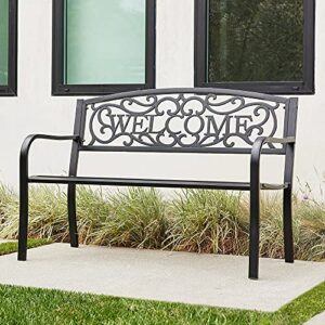 belleze outdoor garden bench, 50 inch cast iron metal loveseat chairs with armrests for park, yard, porch, lawn, balcony, backyard, antique patio seat furniture welcome design, black