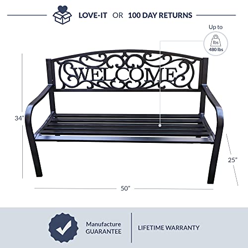 BELLEZE Outdoor Garden Bench, 50 inch Cast Iron Metal Loveseat Chairs with Armrests for Park, Yard, Porch, Lawn, Balcony, Backyard, Antique Patio Seat Furniture Welcome Design, Black