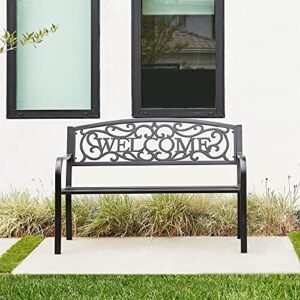 BELLEZE Outdoor Garden Bench, 50 inch Cast Iron Metal Loveseat Chairs with Armrests for Park, Yard, Porch, Lawn, Balcony, Backyard, Antique Patio Seat Furniture Welcome Design, Black