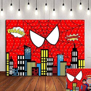 red spider web photography backdrop baby shower photo booth studio props supplies super heros cityscape photo background vinyl 5x3ft children boys 1st birthday party banner decorations dessert table