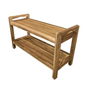 EcoDecors EarthyTeak Shower Bench Eleganto Wooden seat Garden Bench with LiftAide Arms 35" Long Natural Teak Patio Bench Wood Shower Bench for Indoor and Outdoor Use