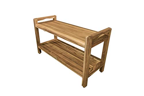 EcoDecors EarthyTeak Shower Bench Eleganto Wooden seat Garden Bench with LiftAide Arms 35" Long Natural Teak Patio Bench Wood Shower Bench for Indoor and Outdoor Use