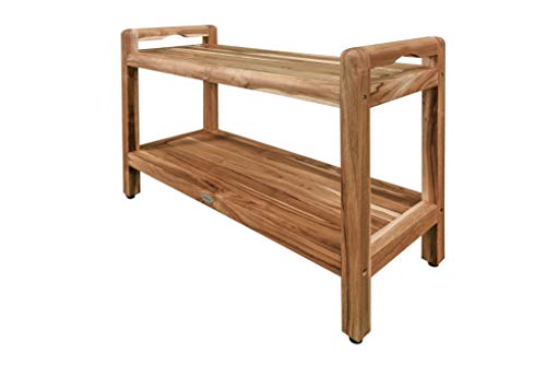 EcoDecors EarthyTeak Shower Bench Eleganto Wooden seat Garden Bench with LiftAide Arms 35" Long Natural Teak Patio Bench Wood Shower Bench for Indoor and Outdoor Use