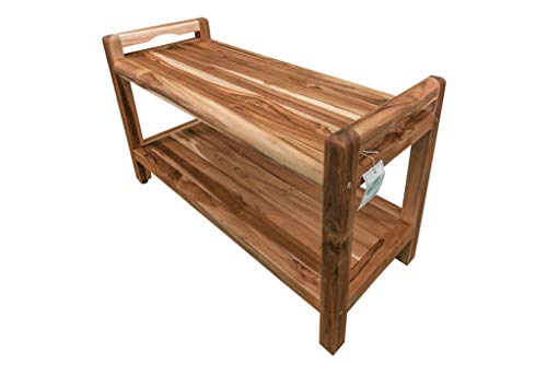 EcoDecors EarthyTeak Shower Bench Eleganto Wooden seat Garden Bench with LiftAide Arms 35" Long Natural Teak Patio Bench Wood Shower Bench for Indoor and Outdoor Use