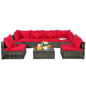 acquire 7pcs patio rattan furniture set sectional sofa garden red cushion outdoor patio furniture set