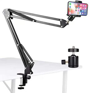 overhead video mount articulating arm,cell phone holder, webcam stand lazy desk arm clamp desktop suspension scissor accessory for flat photography videography recording livestream（black）