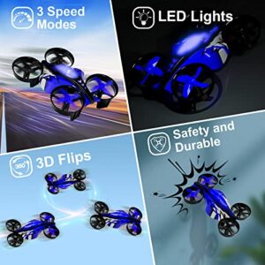 UNTEI 2 In 1 Mini Drone for Kids Remote Control Drone with Land Mode or Fly Mode, LED Lights,Auto Hovering, 3D Flip,Headless Mode and 3 Batteries,Toys Gifts for Boys Girls (Blue)