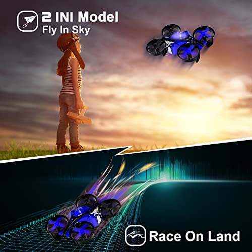 UNTEI 2 In 1 Mini Drone for Kids Remote Control Drone with Land Mode or Fly Mode, LED Lights,Auto Hovering, 3D Flip,Headless Mode and 3 Batteries,Toys Gifts for Boys Girls (Blue)