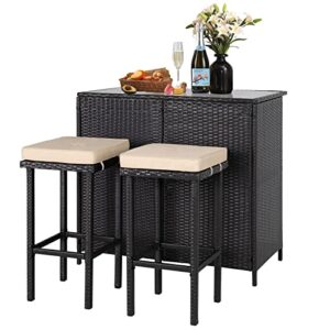 cemeon outdoor bar 3-piece patio bar set with two stools and glass top bar table brown wicker patio furniture with removable cushions