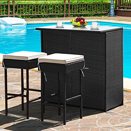 Cemeon Outdoor Bar 3-Piece Patio Bar Set with Two Stools and Glass Top Bar Table Brown Wicker Patio Furniture with Removable Cushions