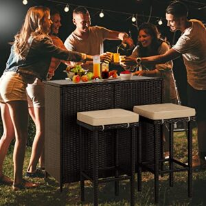 Cemeon Outdoor Bar 3-Piece Patio Bar Set with Two Stools and Glass Top Bar Table Brown Wicker Patio Furniture with Removable Cushions