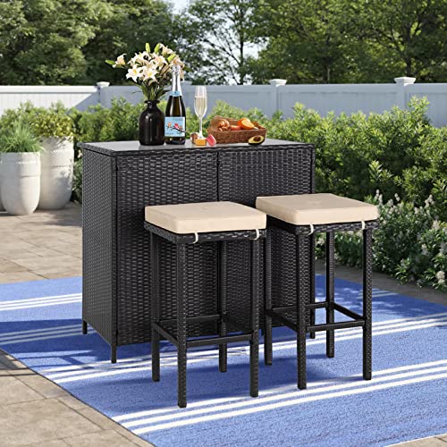 Cemeon Outdoor Bar 3-Piece Patio Bar Set with Two Stools and Glass Top Bar Table Brown Wicker Patio Furniture with Removable Cushions