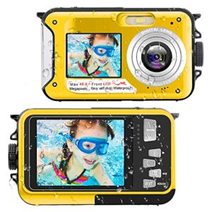 waterproof digital camera underwater camera full hd 2.7k 48 mp video recorder selfie dual screens 16x digital zoom flashlight waterproof camera for snorkeling (yellow)