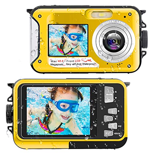 Waterproof Digital Camera Underwater Camera Full HD 2.7K 48 MP Video Recorder Selfie Dual Screens 16X Digital Zoom Flashlight Waterproof Camera for Snorkeling (Yellow)