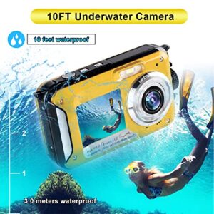 Waterproof Digital Camera Underwater Camera Full HD 2.7K 48 MP Video Recorder Selfie Dual Screens 16X Digital Zoom Flashlight Waterproof Camera for Snorkeling (Yellow)