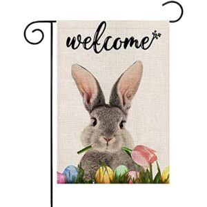 Decorative Welcome Rabbit Easter Garden Flag 12 X 18 Double Sided Spring Bunny Tulip Egg Easter Yard Flags Garden Yard Decorations for Outside