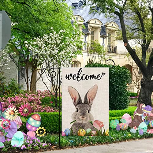 Decorative Welcome Rabbit Easter Garden Flag 12 X 18 Double Sided Spring Bunny Tulip Egg Easter Yard Flags Garden Yard Decorations for Outside