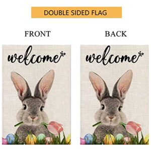 Decorative Welcome Rabbit Easter Garden Flag 12 X 18 Double Sided Spring Bunny Tulip Egg Easter Yard Flags Garden Yard Decorations for Outside