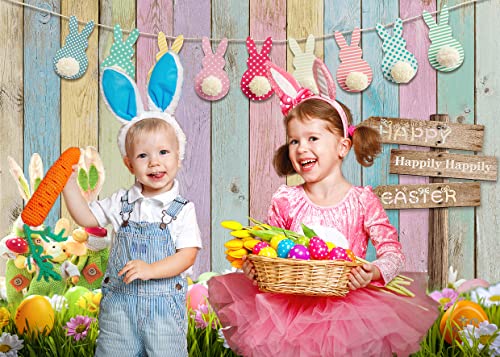 WOLADA 7x5FT Spring Easter Backdrop Happy Easter Colorful Wood Photography Backdrops Easter Theme Photography Backdrop Bunny Rabbit Colorful Eggs Grass Floral Baby Kids Party Decor 12394
