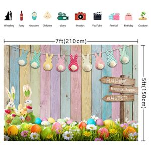 WOLADA 7x5FT Spring Easter Backdrop Happy Easter Colorful Wood Photography Backdrops Easter Theme Photography Backdrop Bunny Rabbit Colorful Eggs Grass Floral Baby Kids Party Decor 12394