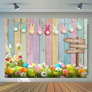 WOLADA 7x5FT Spring Easter Backdrop Happy Easter Colorful Wood Photography Backdrops Easter Theme Photography Backdrop Bunny Rabbit Colorful Eggs Grass Floral Baby Kids Party Decor 12394