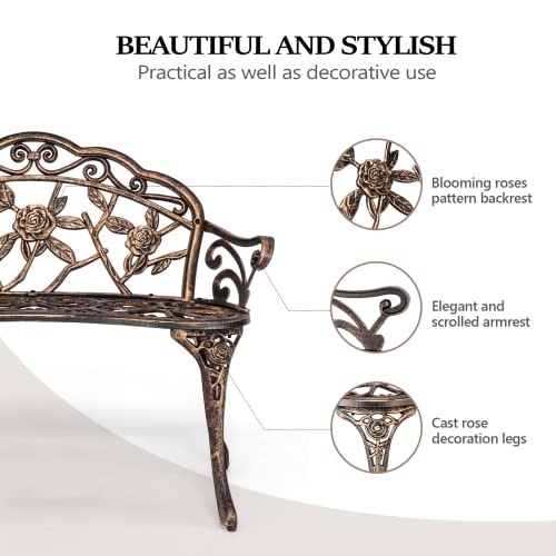 VINGLI 38.5" Patio Park Garden Outdoor Metal Rose Bench,Cast Iron Cast Aluminium Frame Antique Finish Chair,Accented Lawn Front Porch Path Yard Decor Deck Furniture for 2 Person Seat，Bronze