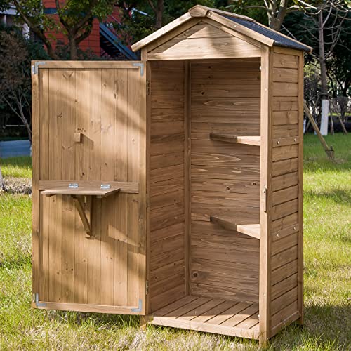 GLORHOME Outdoor Wooden Storage Sheds Tool Organizer Patio Garden Storage Cabinet Fir Wood Lockers with Workstation, Natural