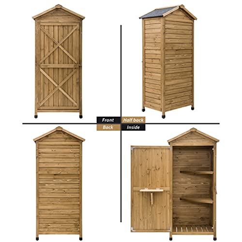 GLORHOME Outdoor Wooden Storage Sheds Tool Organizer Patio Garden Storage Cabinet Fir Wood Lockers with Workstation, Natural