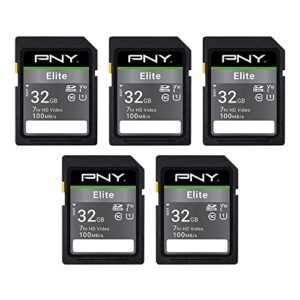 PNY 32GB Elite Class 10 U1 V10 SDHC Flash Memory Card 5-Pack - 100MB/s Read, Class 10, U1, V10, Full HD, UHS-I, Full Size SD