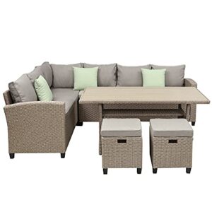 acquire 5 pcs outdoor conversation set patio furniture set all weather wicker sectional couch sofa dining table chair w/ottoman&pillow (color : b)