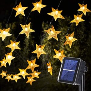 pacjoy solar star twinkle string lights, 23ft 50led 8 modes solar powered fairy decorative light waterproof lights for gardens, lawn patio, indoor decoration, xmas, wedding, holiday (warm white)