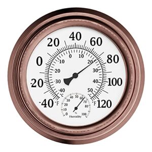 wall thermometer – 8-inch decorative indoor/outdoor temperature and hygrometer gauge – for home, patio, porch, or sunroom by pure garden (copper)
