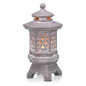 TERESA'S COLLECTIONS Pagoda Garden Statues with Solar Lights, Resin Zen Garden Lantern Asian Decor Outdoor Statues Yard Ornaments for Landscape Patio Porch Lawn Decorations, 12.6'' (Stone Finish)