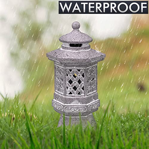TERESA'S COLLECTIONS Pagoda Garden Statues with Solar Lights, Resin Zen Garden Lantern Asian Decor Outdoor Statues Yard Ornaments for Landscape Patio Porch Lawn Decorations, 12.6'' (Stone Finish)